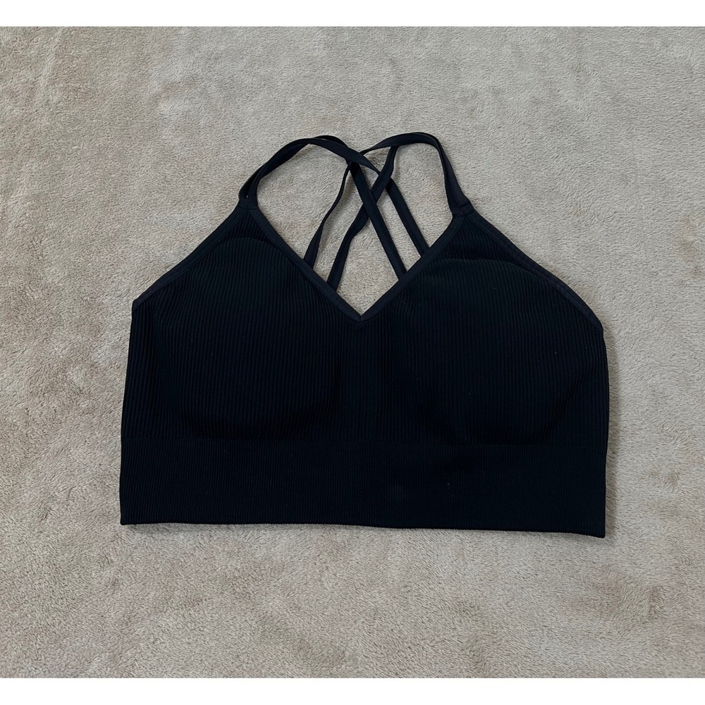 Aerie Real Me Ribbed Seamless Bralette Black Strappy Crisscross Back Bra